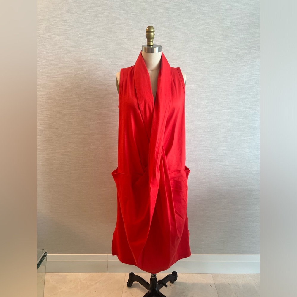 Custom Modern Red Stretch Linen Wrap Midi Spring Summer Sleeveless Dress Sz S/M